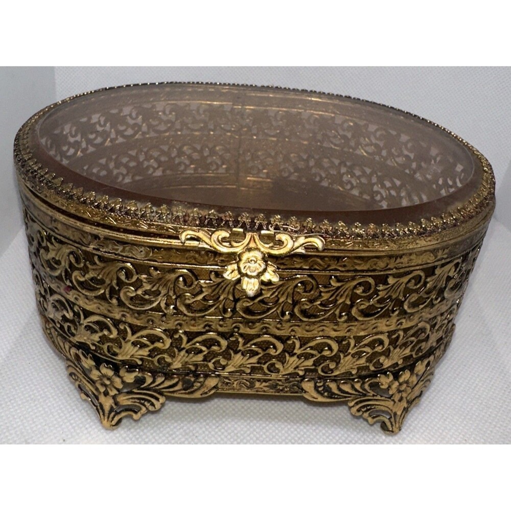 Vintage Mid-Century MCM Hollywood Regency Ornate Brass Amber Glass Jewelry Box